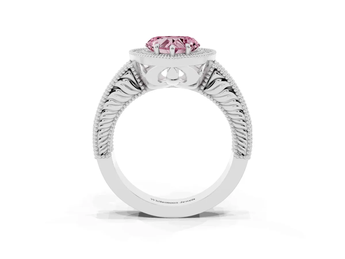Fancy Pink Heart Cut Cut Halo Diamond Ring with Pavé Band and Four-Prong Setting Platinum