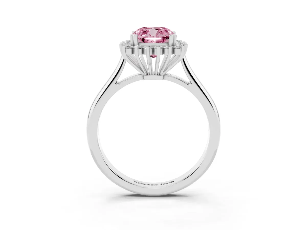 Fancy Pink Cushion Cut Cut Diamond Halo Ring with Solitaire Band and Prong Setting Silver