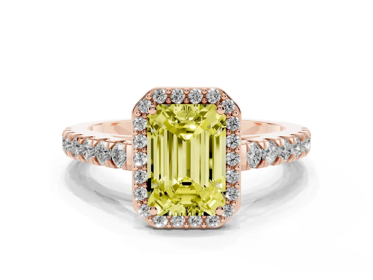 Fancy Yellow Emerald Cut Cut Halo Diamond Engagement Ring with Pave Band and Four-Prong Setting Rose gold