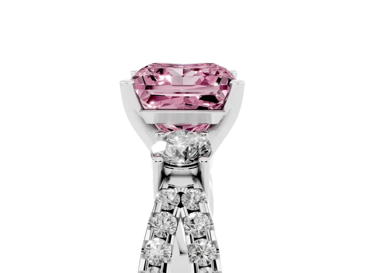 Fancy Pink Princess Cut Diamond Three-Stone Ring with Pavé Split Shank and Four-Prong Setting Silver