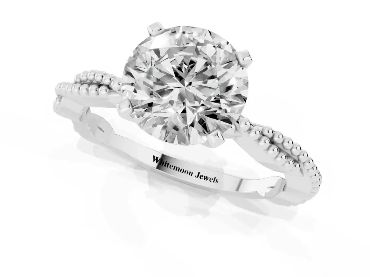 Round Cut Solitaire Twisted Band with Bead Prong Setting White gold
