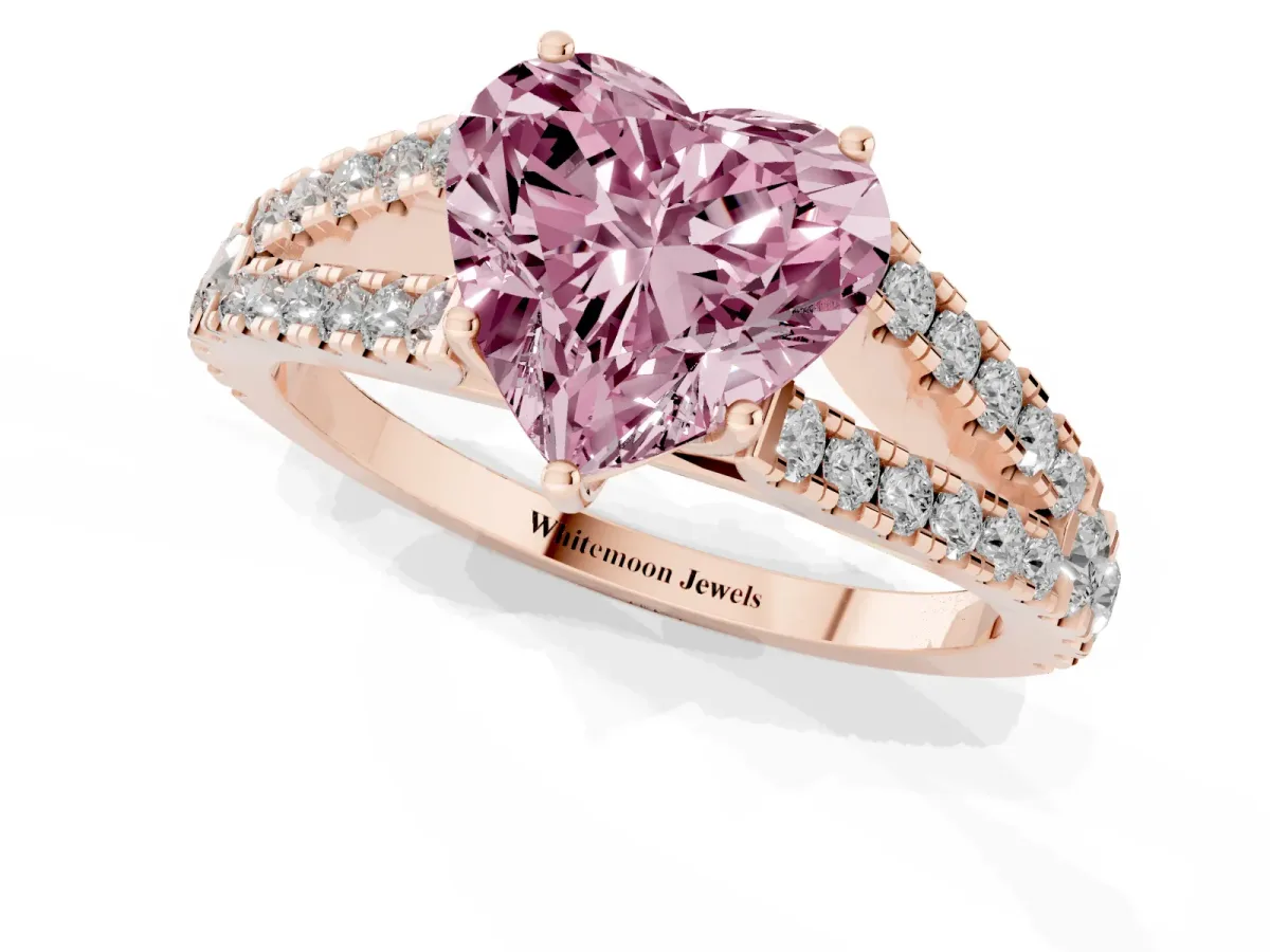 Fancy Pink Heart Cut Diamond Split Shank Engagement Ring with Round Pavé and Prong Setting Rose gold