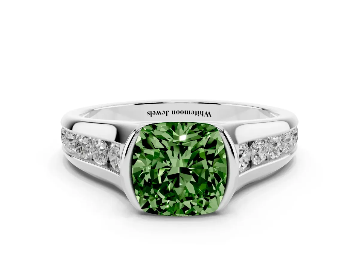 Fancy Green Cushion Cut Solitaire Bezel-Set Diamond Ring with Channel-Set Band Silver