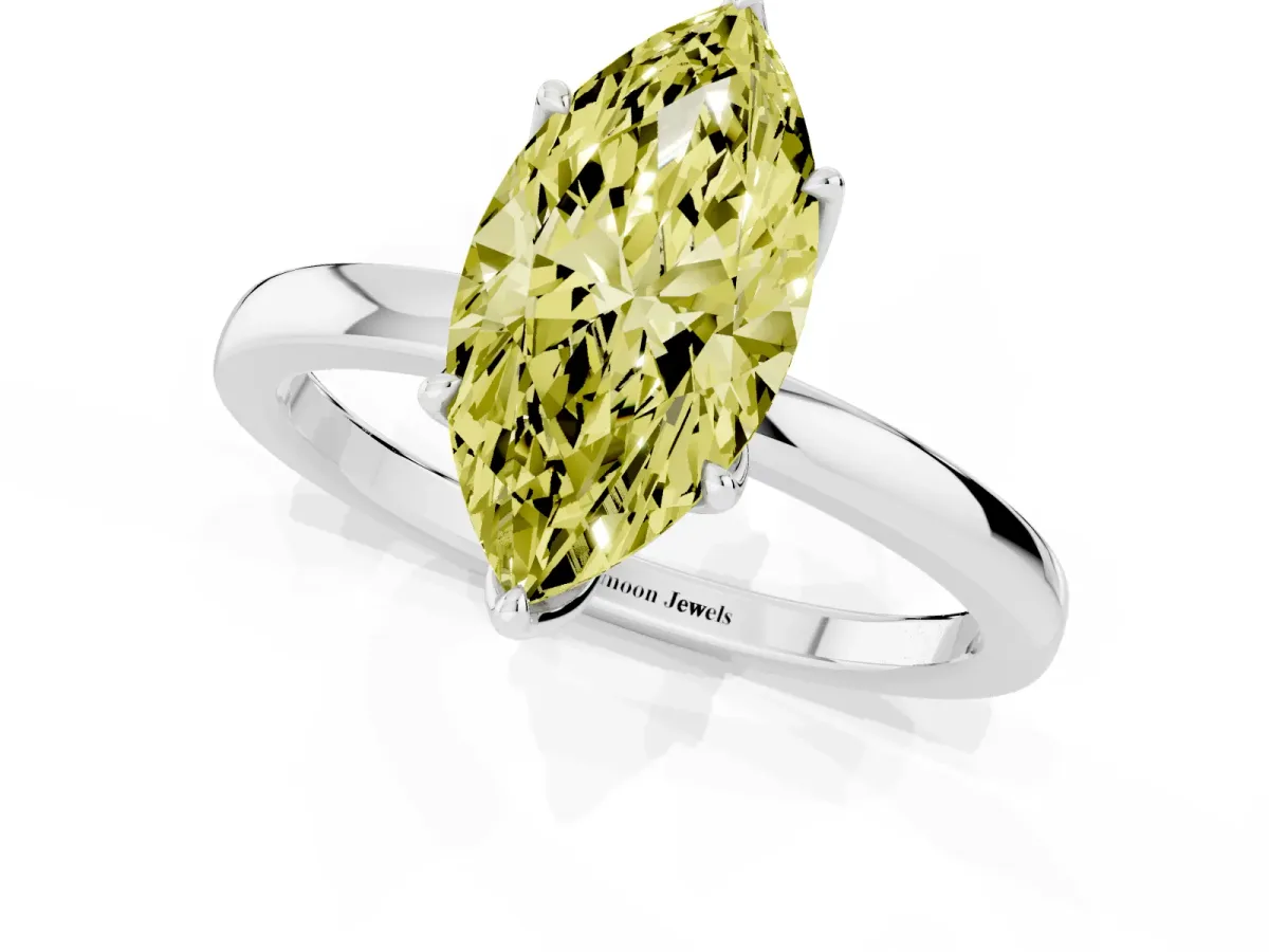 Fancy Yellow Marquise Cut Diamond Solitaire Ring with Thin Band and Prong Setting Silver