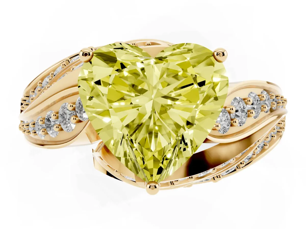 Fancy Yellow Heart Cut Diamond Solitaire Ring with Prong Setting and Twisted Pavé Band Yellow gold