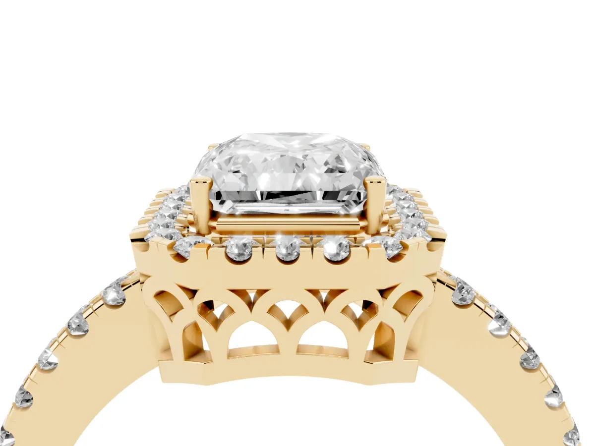 Radiant Cut Halo Diamond Engagement Ring with Pavé Band and Four-Prong Setting Yellow gold