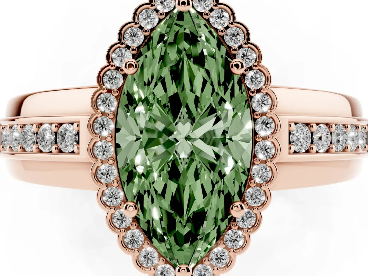 Fancy Green Marquise Cut Cut Halo Pave Band Four-Prong Ring Rose gold