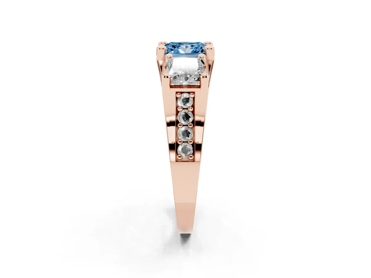 Fancy Blue Princess Cut Diamond Three-Stone Ring with Channel Set Band and Four-Prong Setting Rose gold