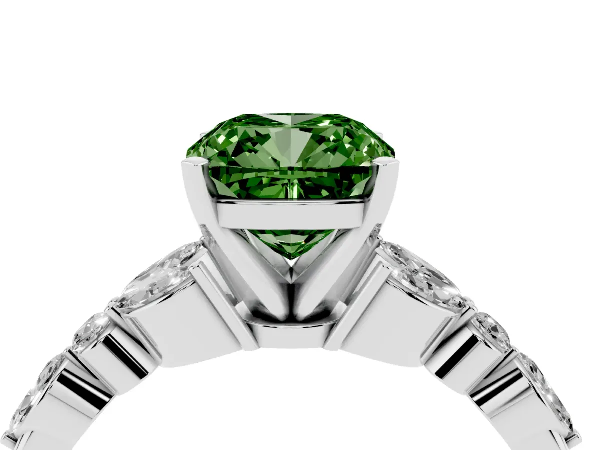 Fancy Green Cushion Cut Diamond Solitaire Ring with Side Stones and Four-Prong Setting Silver