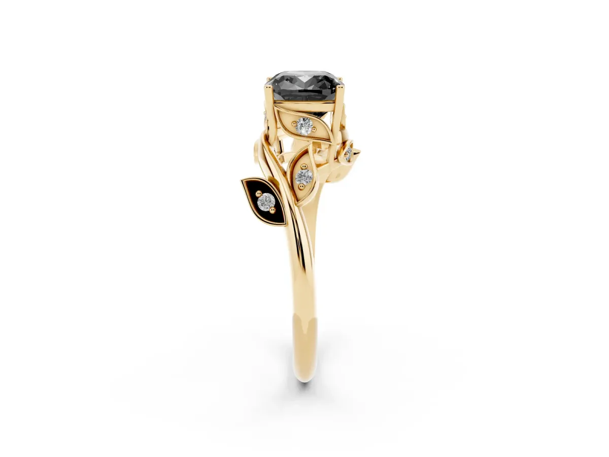 Fancy Black Cushion Cut Solitaire Twist Engagement Ring with Leaf Accents and Prong Setting Yellow gold
