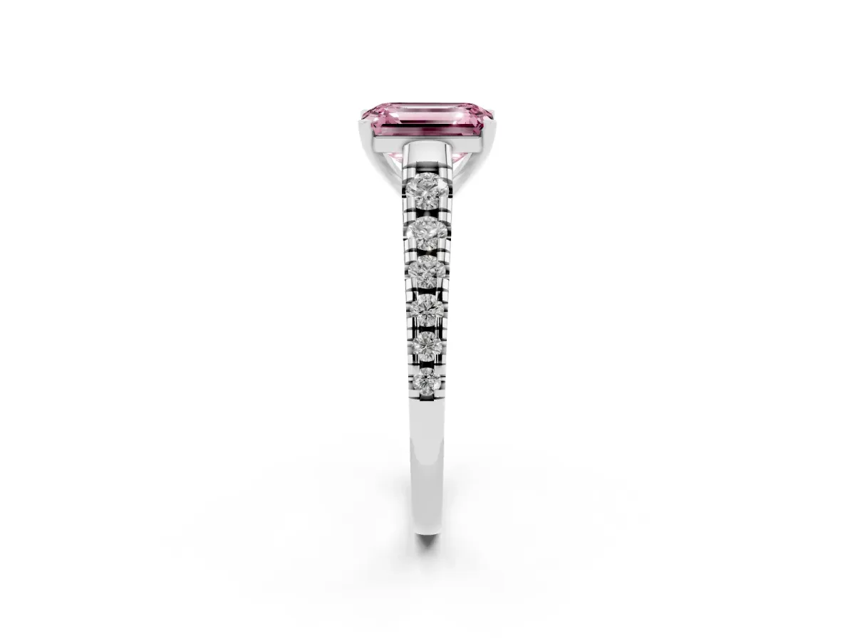 Fancy Pink Emerald Cut Diamond Cathedral Solitaire Ring with Round Pavé Band Silver