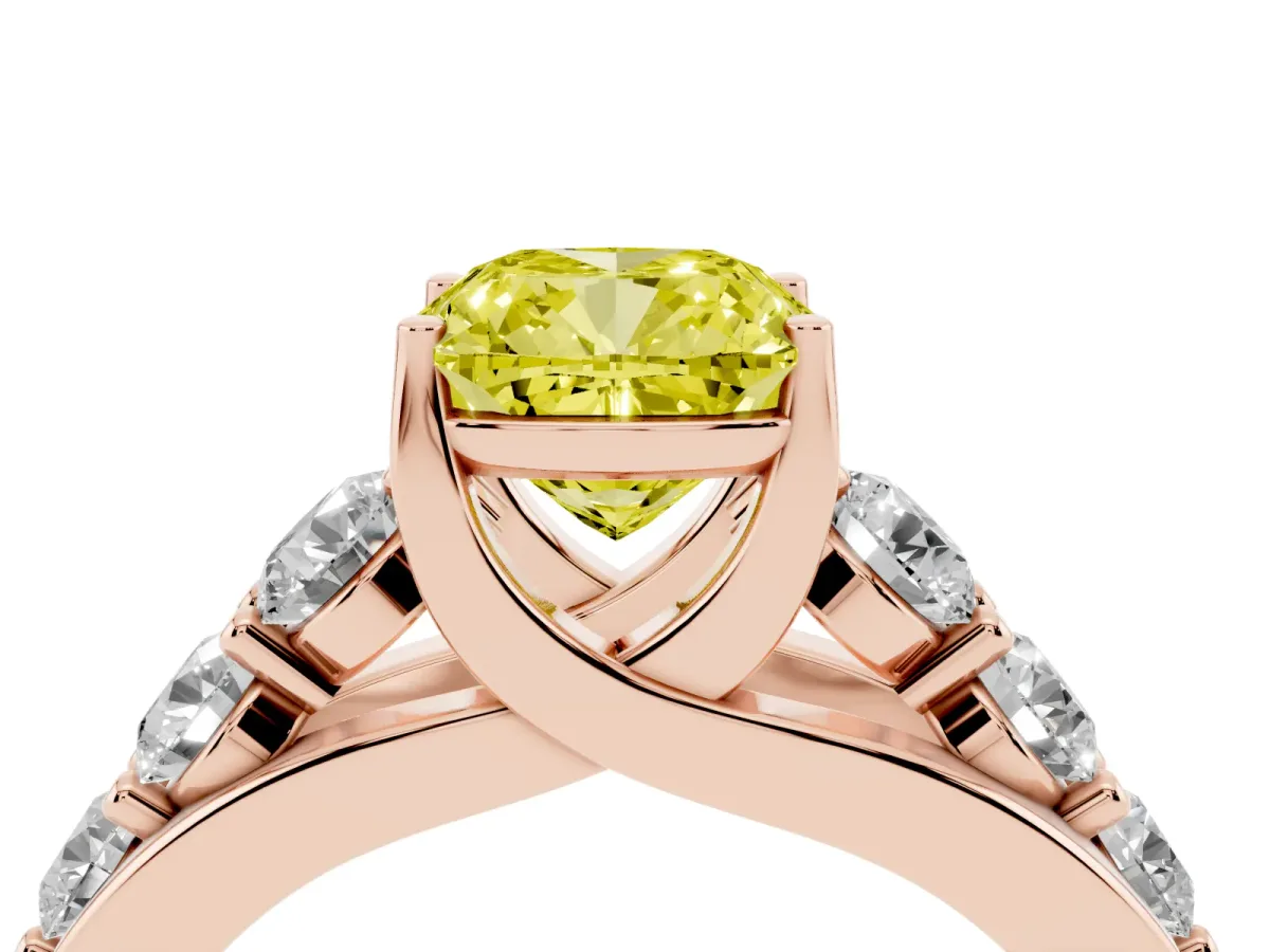 Fancy Yellow Cushion Cut Diamond Engagement Ring with Pavé Band and Four-Prong Setting Rose gold