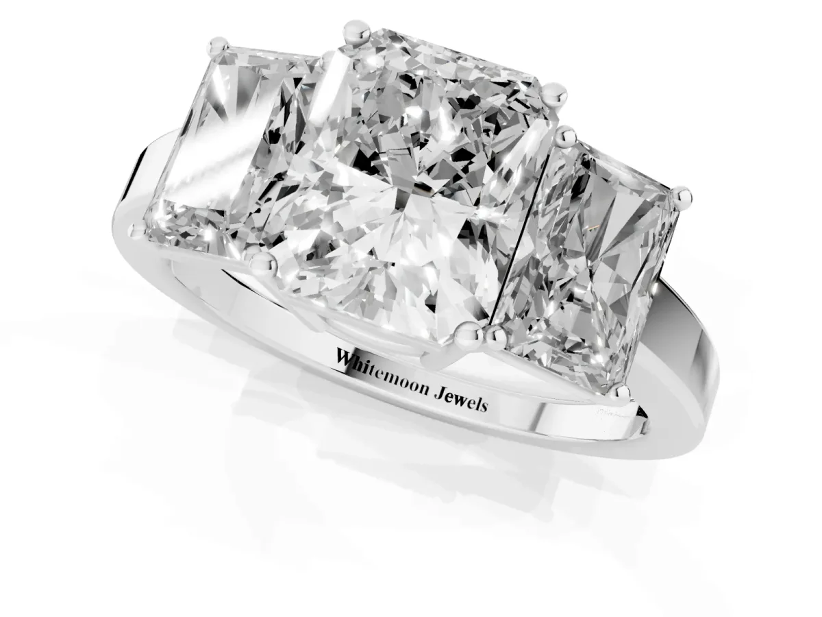 Three-Stone Radiant Cut Cut Diamond Engagement Ring with Flat Band and Four-Prong Setting Silver