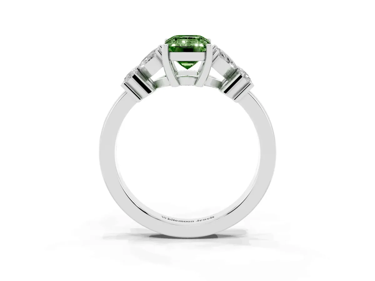 Fancy Green Emerald Cut Diamond Floral Cluster Ring with Solitaire Band and Prong Setting Platinum