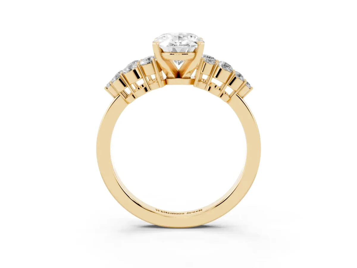 Oval Cut Cluster Diamond Engagement Ring with Pavé Band and Four-Prong Setting Yellow gold