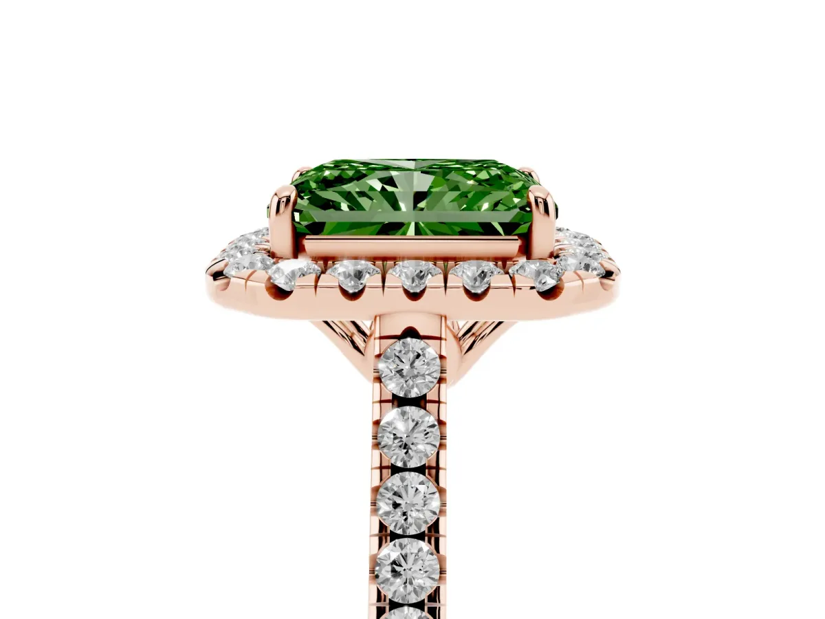 Fancy Green Radiant Cut Halo Pavé Diamond Engagement Ring with Four-Prong Setting Rose gold