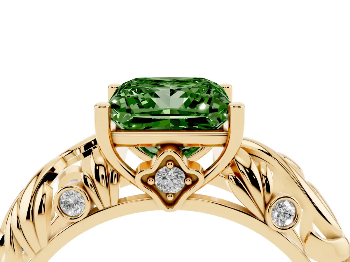 Fancy Green Princess Cut Solitaire Diamond Leaf-Inspired Vine Band Ring with Prong Setting Yellow gold
