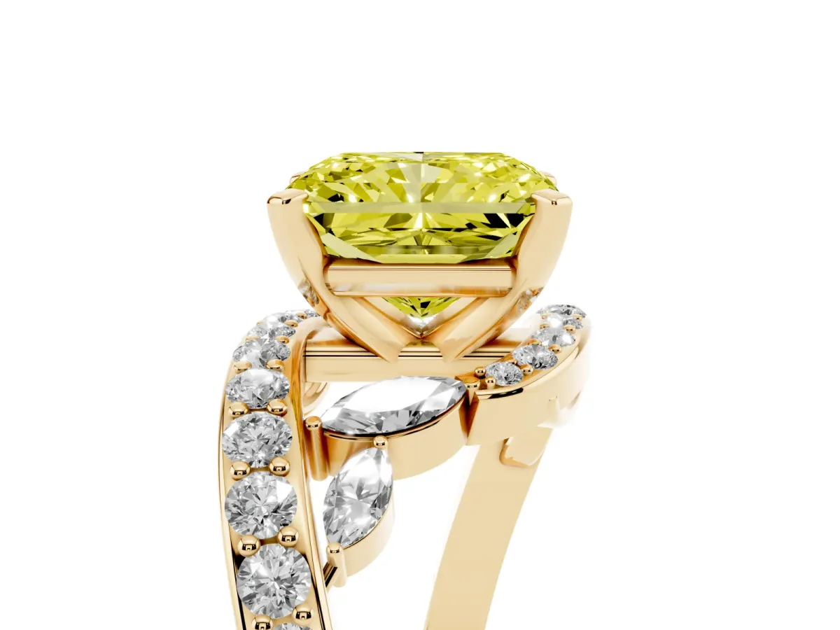Fancy Yellow Radiant Cut Solitaire with Pavé Twist Band and Four-Prong Setting Yellow gold