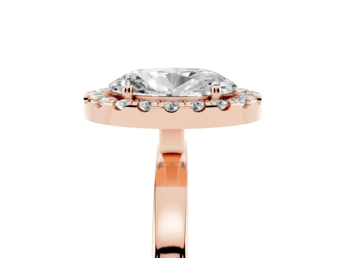 Oval Cut Halo Diamond Solitaire with Pavé Band and Four-Prong Setting Rose gold