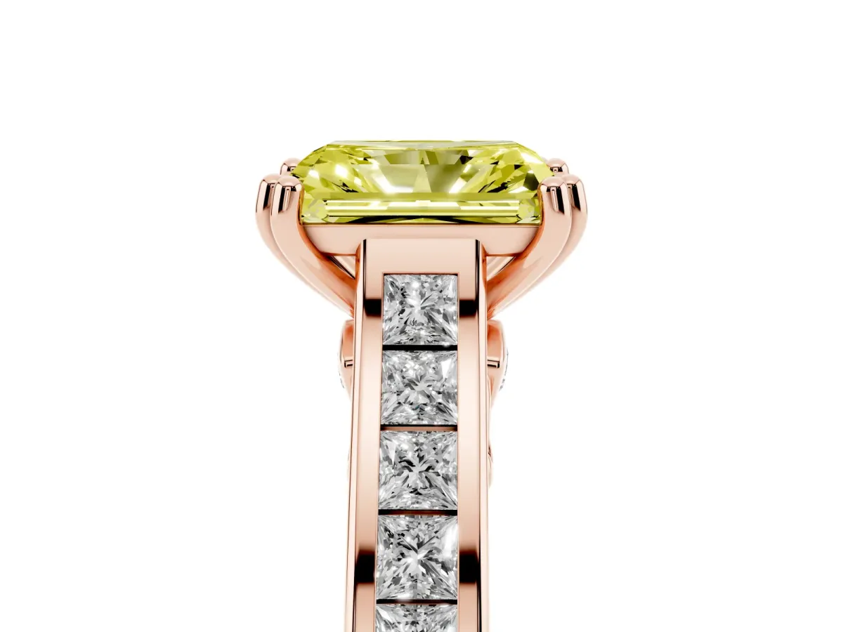 Fancy Yellow Radiant Cut Cut Channel Set Solitaire Engagement Ring with Prong Setting Rose gold