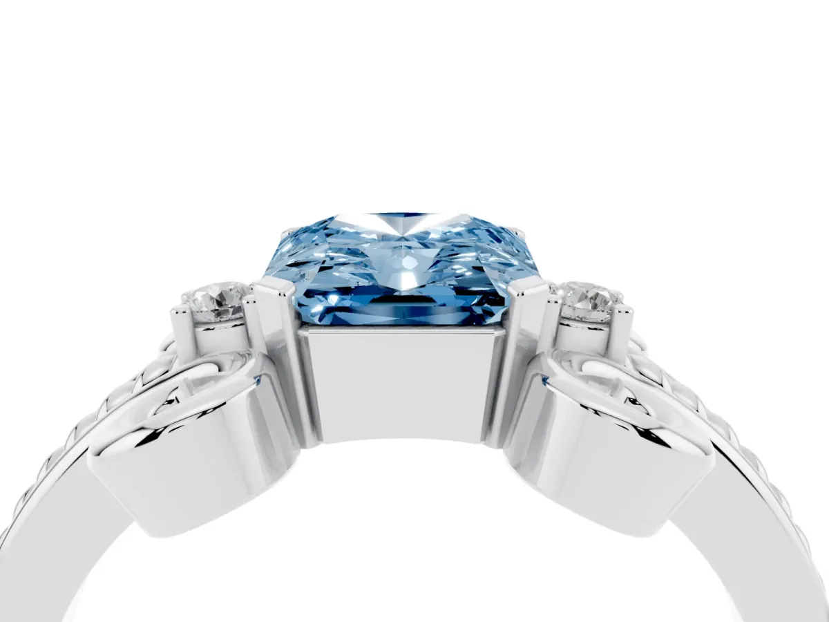 Fancy Blue Radiant Cut Solitaire Twisted Band Scroll Prong Ring Platinum