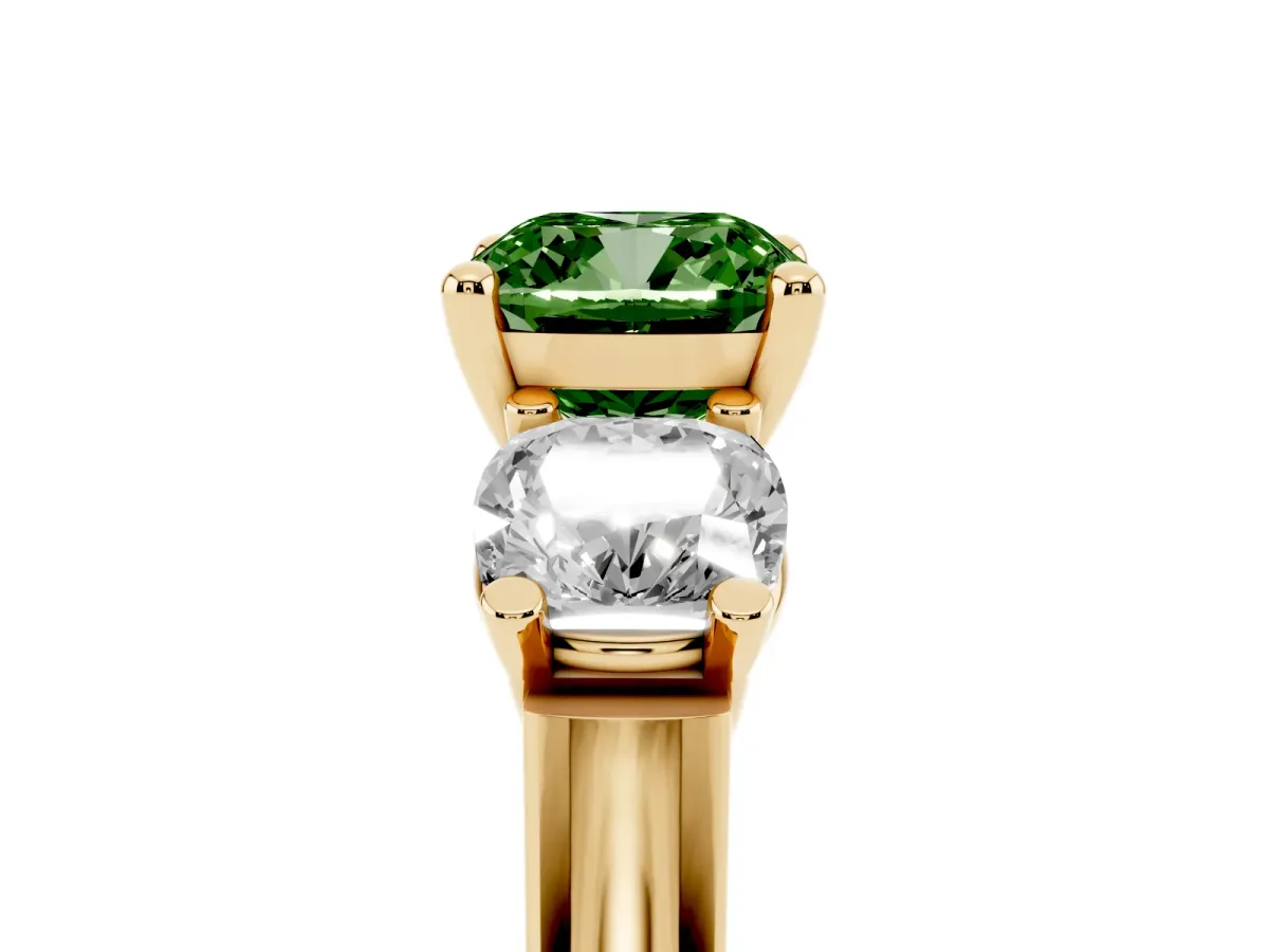Fancy Green Three-Stone Cushion Cut Brilliant Diamond Trellis Ring with Comfort Fit Band Yellow gold