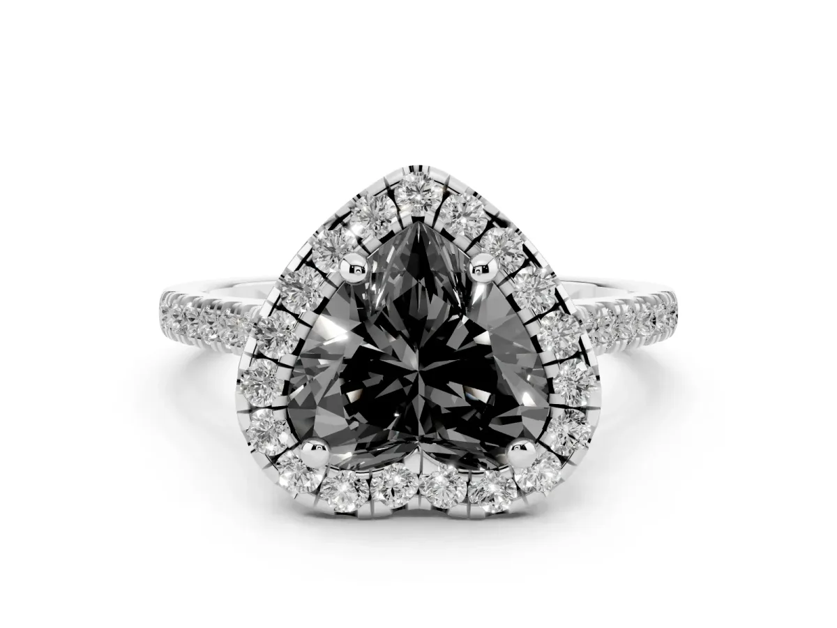 Fancy Black Heart Cut Diamond Cushion Halo Ring with Pavé Band Platinum