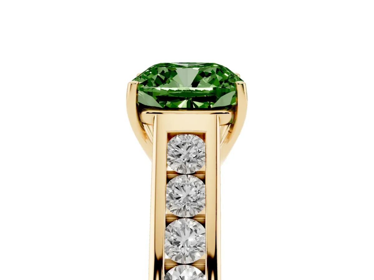 Fancy Green Cushion Cut Solitaire Channel-Set Diamond Engagement Ring with Four-Prong Setting Yellow gold