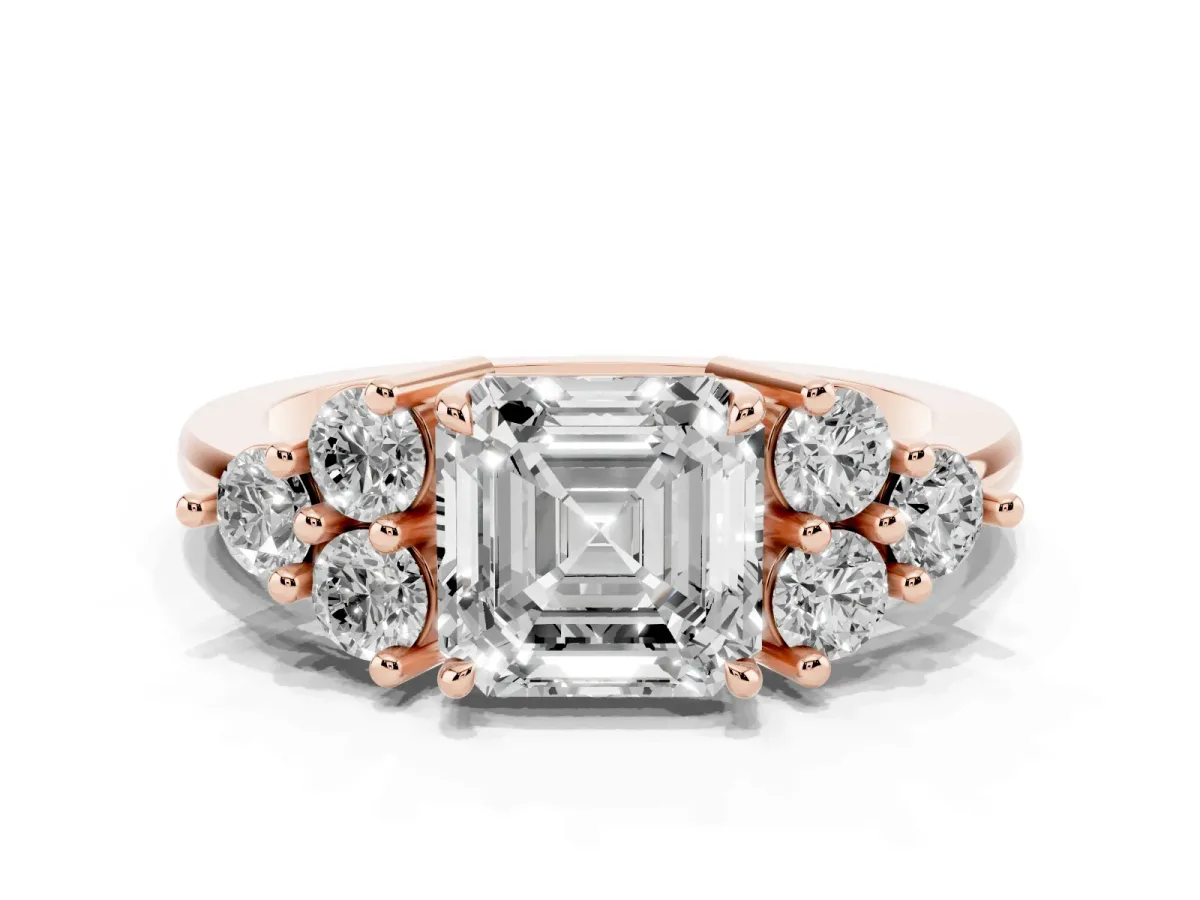 Asscher Cut Brilliant Diamond Cluster Accent Solitaire Ring with Prong Setting Rose gold