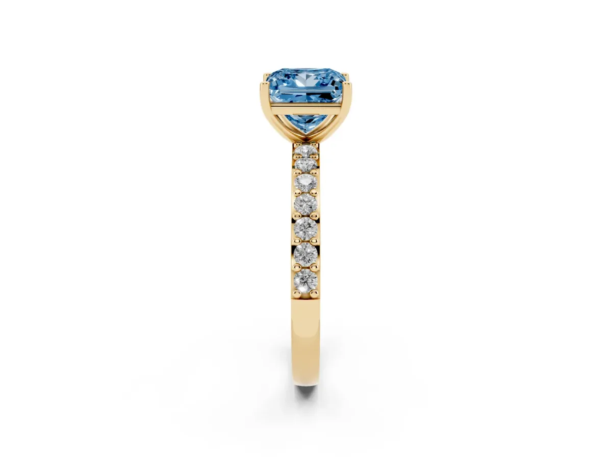 Fancy Blue Princess Cut Cut Diamond Solitaire with Pave Band and Four-Prong Setting Yellow gold