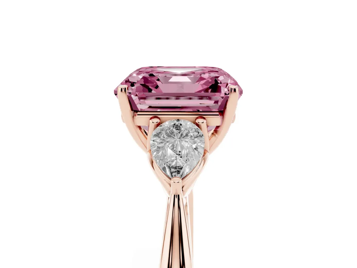 Fancy Pink Three-Stone Asscher Cut Diamond Ring with Pear Side Stones in Four-Prong Setting Rose gold