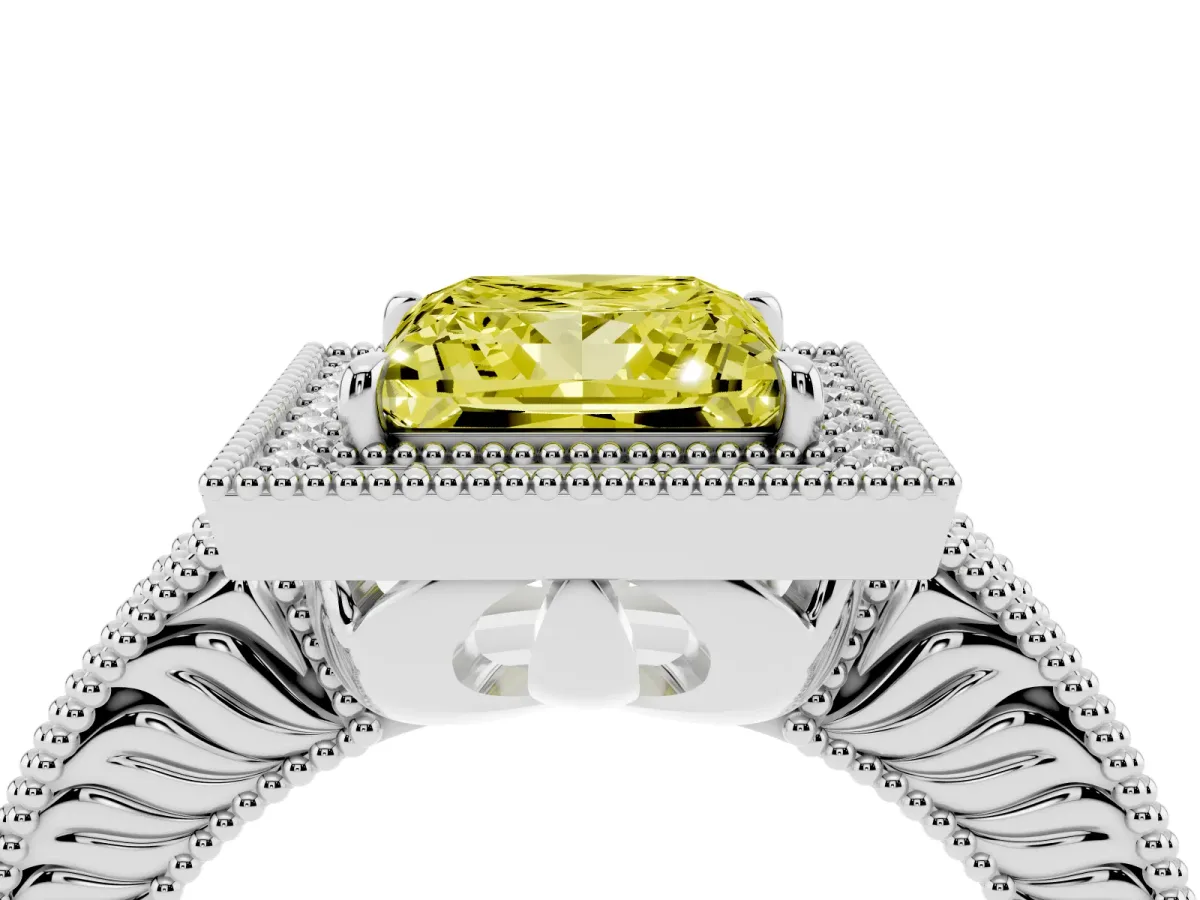 Fancy Yellow Princess Cut Cut Halo Diamond Ring with Pavé Band and Four-Prong Setting White gold