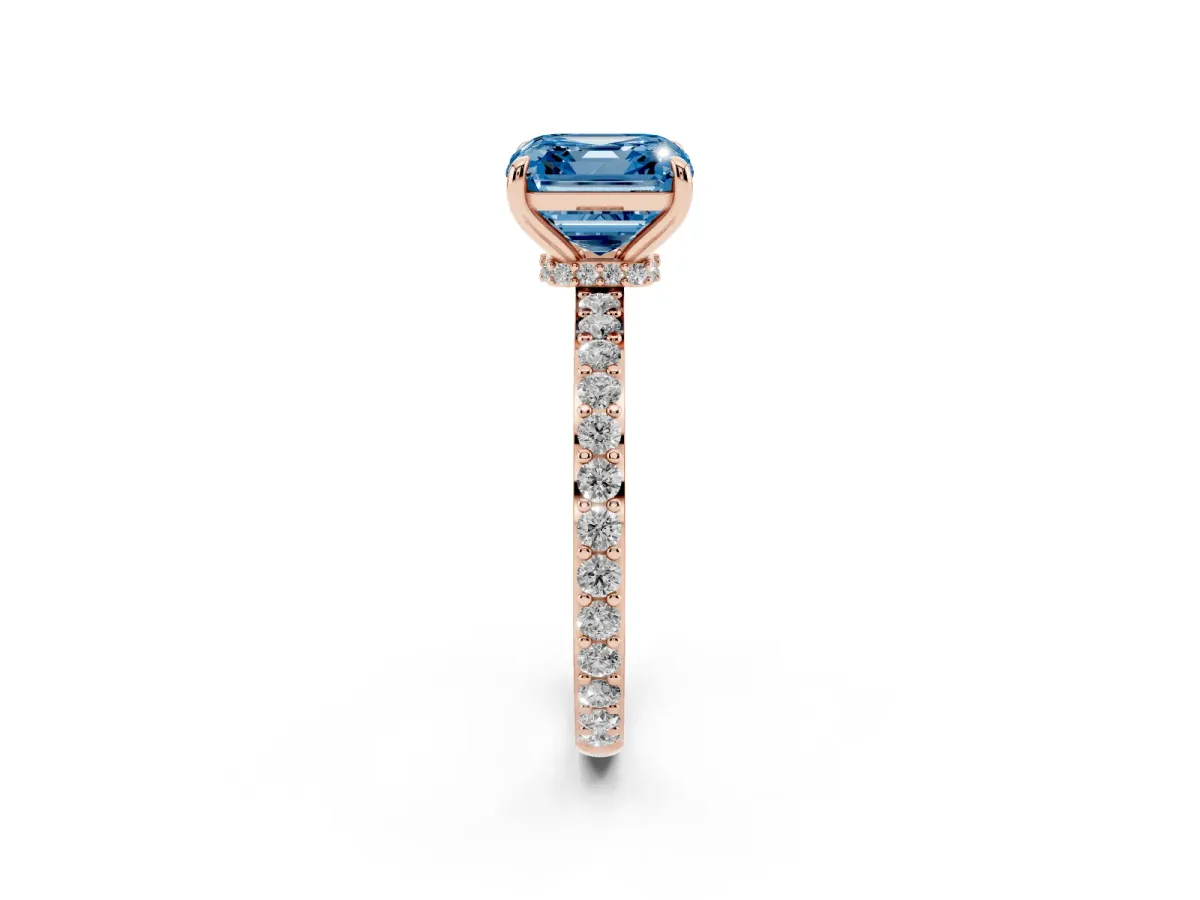 Fancy Blue Asscher Cut Diamond Solitaire Engagement Ring with Pavé Band and Four-Prong Setting Rose gold