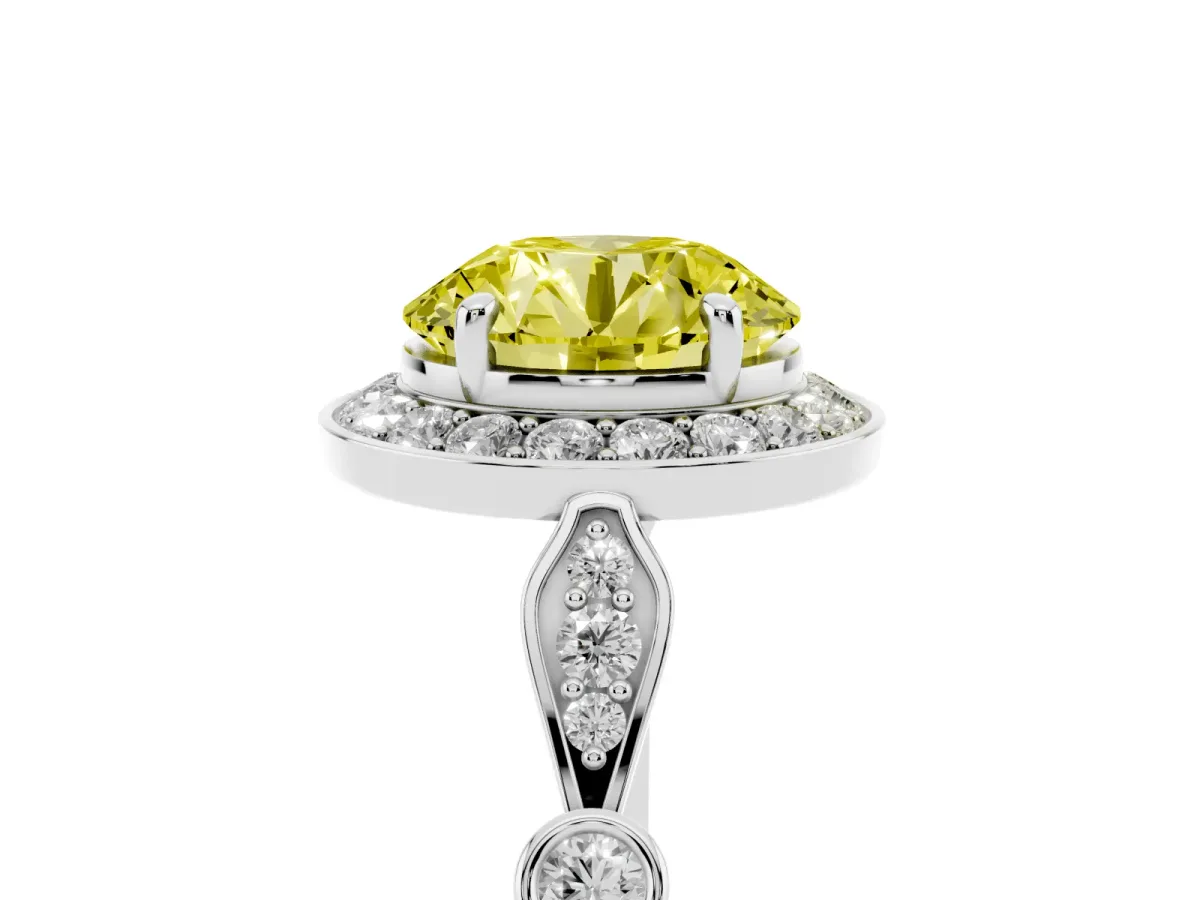 Fancy Yellow Round Cut Halo Diamond Engagement Ring with Twisted Band and Four-Prong Setting Platinum