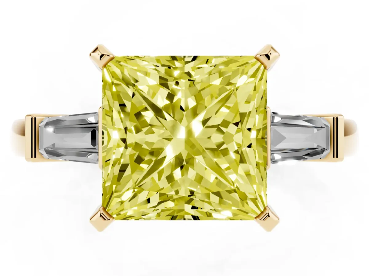 Fancy Yellow Princess Cut Cut Diamond Solitaire Ring with Tapered Baguette Accents and Four-Prong Setting Yellow gold