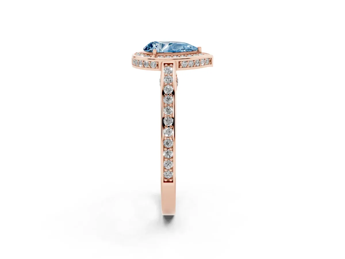 Fancy Blue Pear Cut Cut Halo Pave Split Shank Prong Setting Ring Rose gold