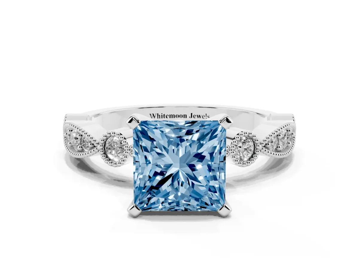 Fancy Blue Princess Cut Milgrain Bezel Diamond Engagement Ring with Solitaire Prong Setting Silver