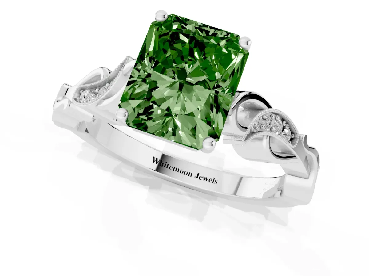 Fancy Green Radiant Cut Solitaire Vine Band with Milgrain Prong Setting Silver