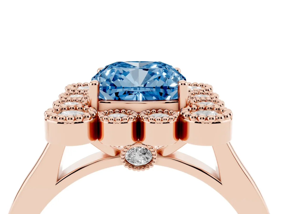 Fancy Blue Cushion Cut Halo Diamond Cluster Engagement Ring with Milgrain Bezel Setting and Solitaire Band Rose gold