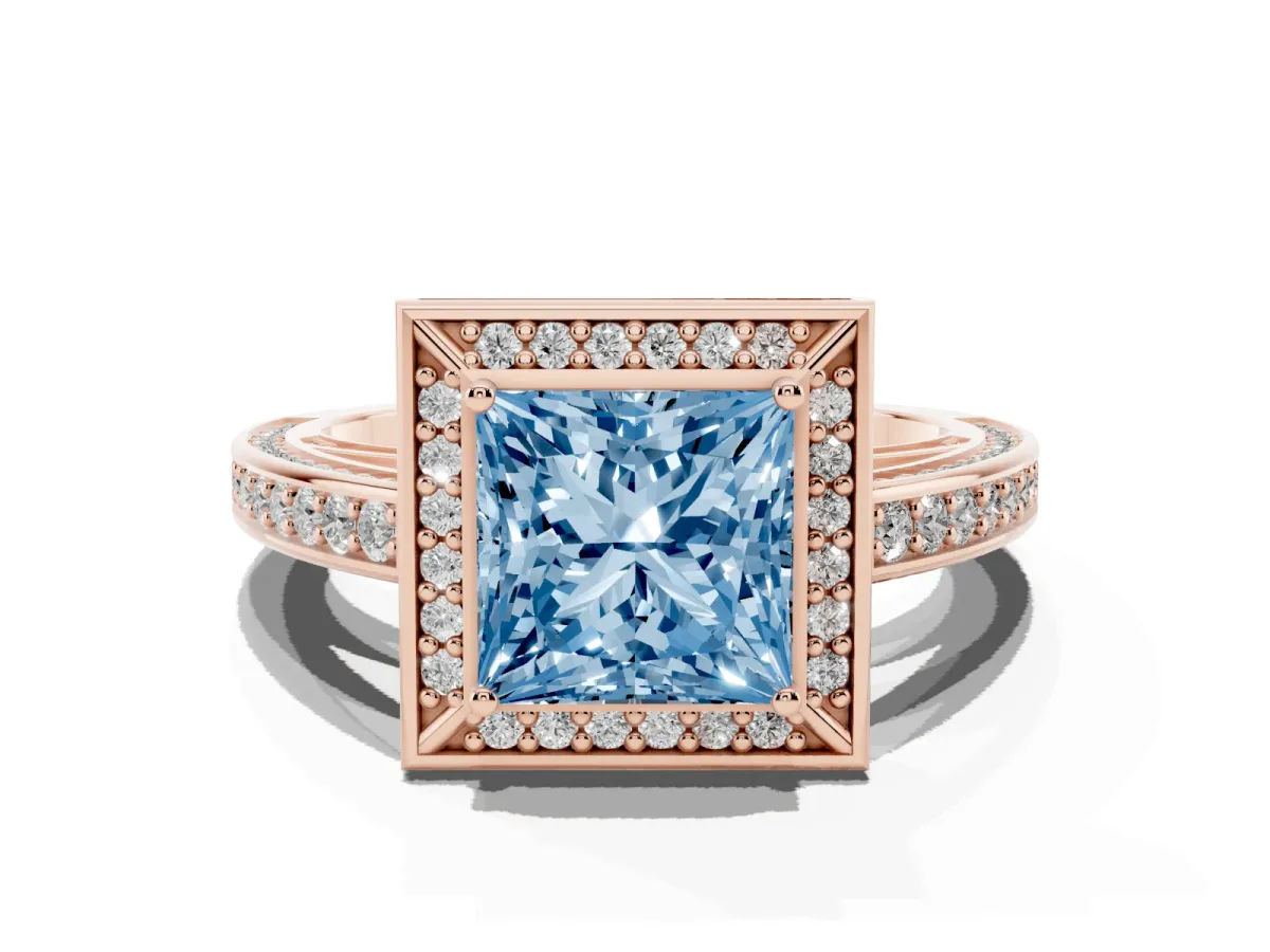 Fancy Blue Princess Cut Cut Halo Pave Split Shank Prong Setting Ring Rose gold
