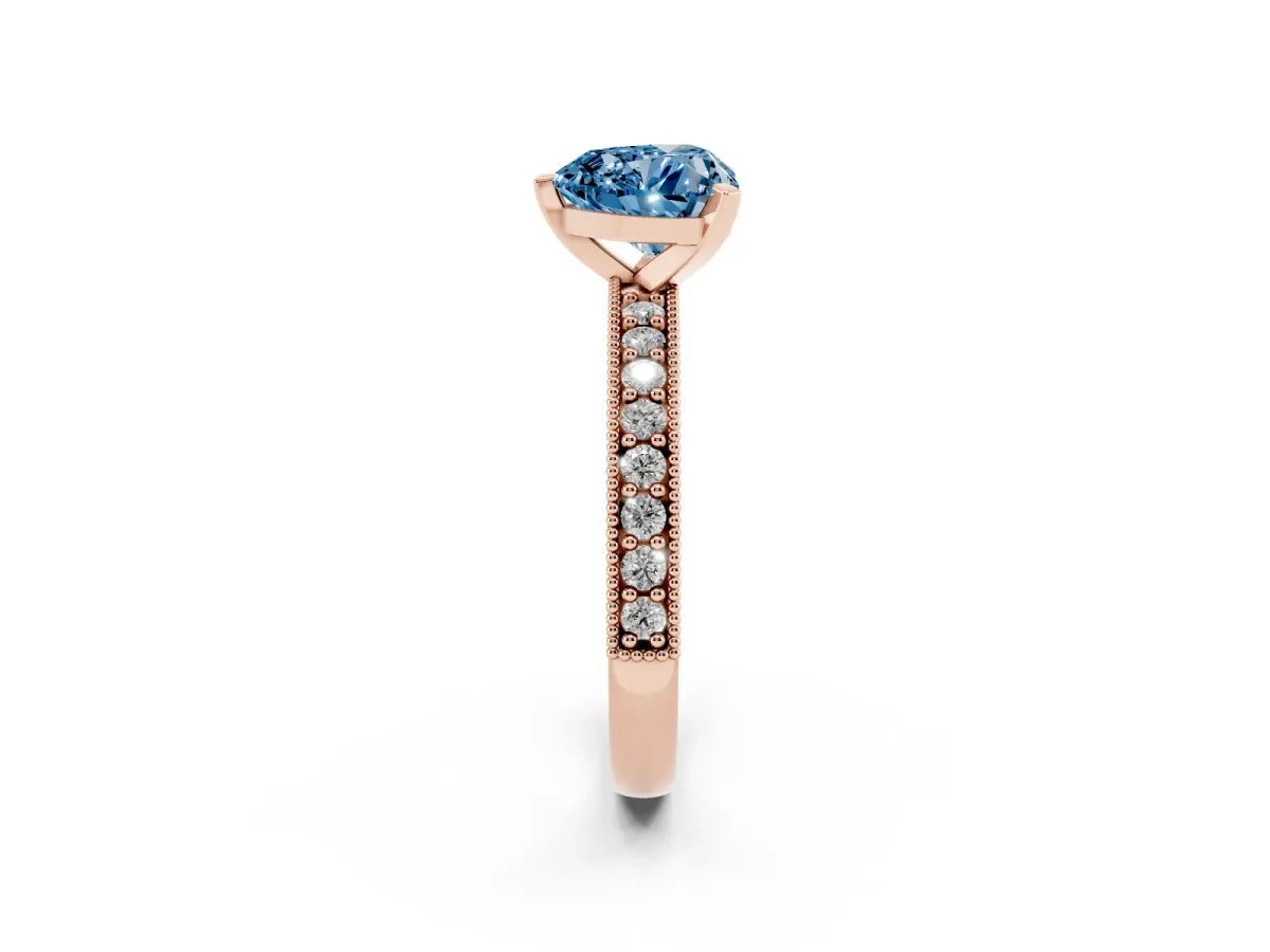 Fancy Blue Heart Cut Diamond Milgrain Pavé Engagement Ring with Four-Prong Setting Rose gold