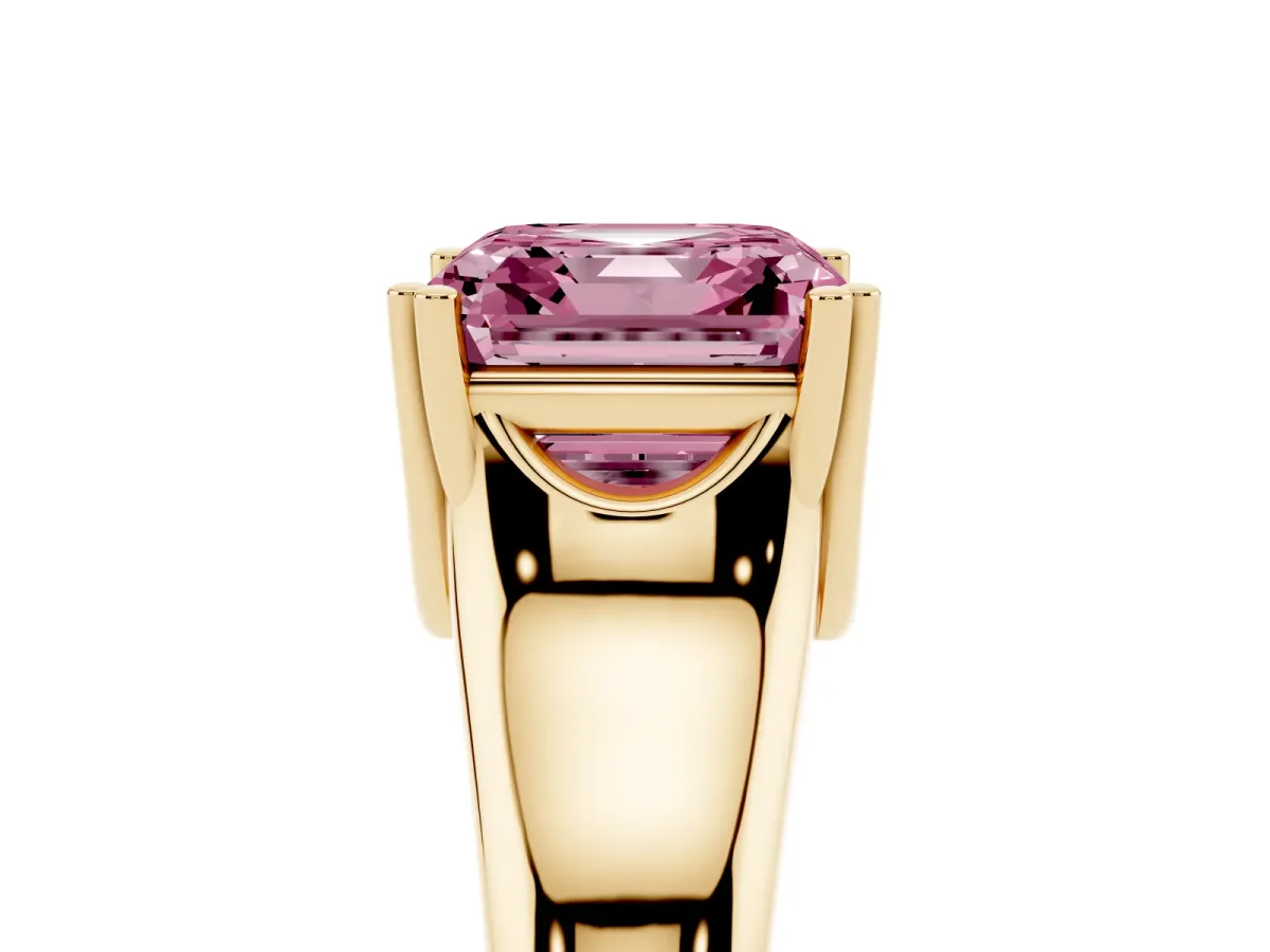 Fancy Pink Asscher Cut Diamond Solitaire Ring with Wide Band and Prong Setting Yellow gold