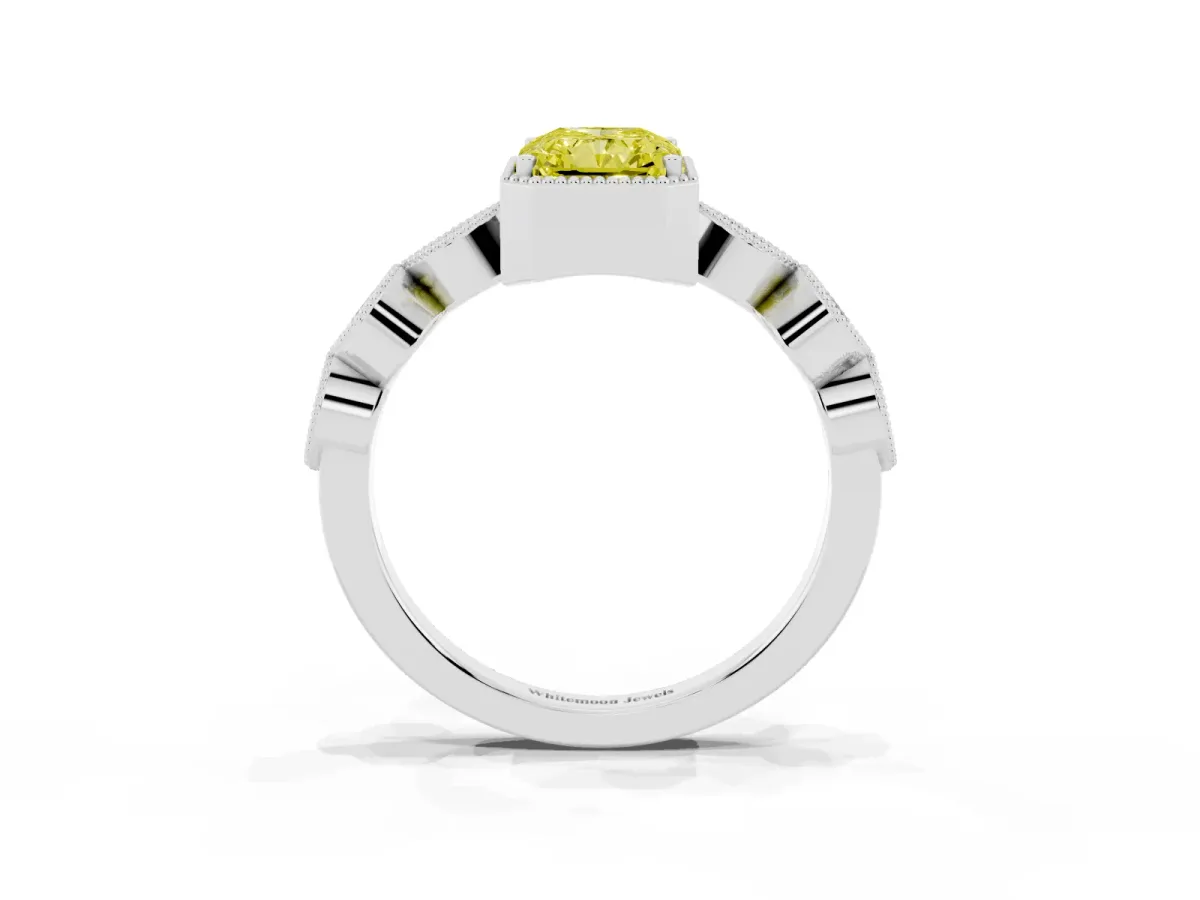 Fancy Yellow Radiant Cut Diamond Vintage Milgrain Ring with Round Stations Silver