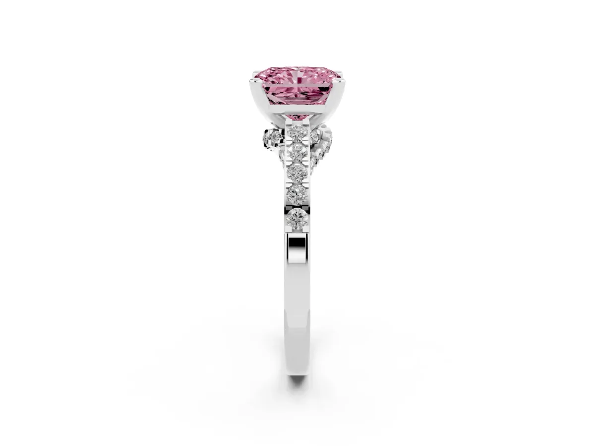 Fancy Pink Radiant Cut Diamond Solitaire Ring with Crossover Gallery and Round Pavé Band Platinum