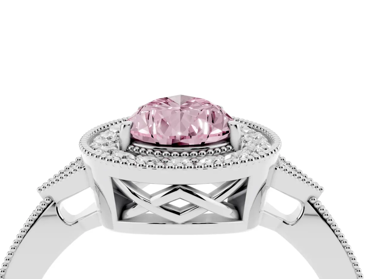 Fancy Pink Pear Cut Halo Round Diamond Milgrain Pave Engagement Ring Platinum