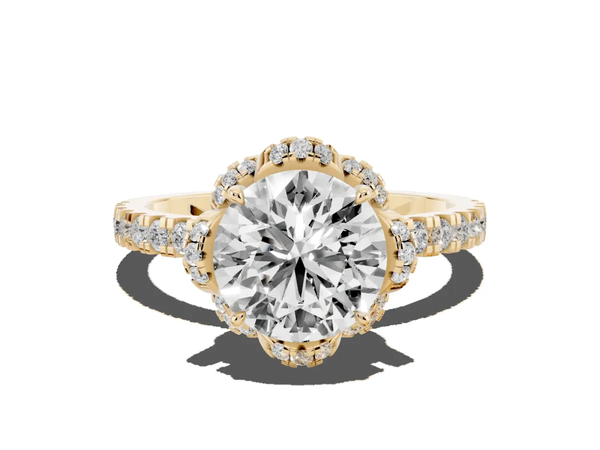 Round Cut Diamond Halo Pave Band with Four-Prong Setting Yellow gold