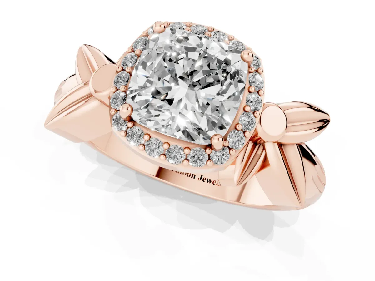 Cushion Cut Halo Diamond Floral Band with Four-Prong Setting Rose gold