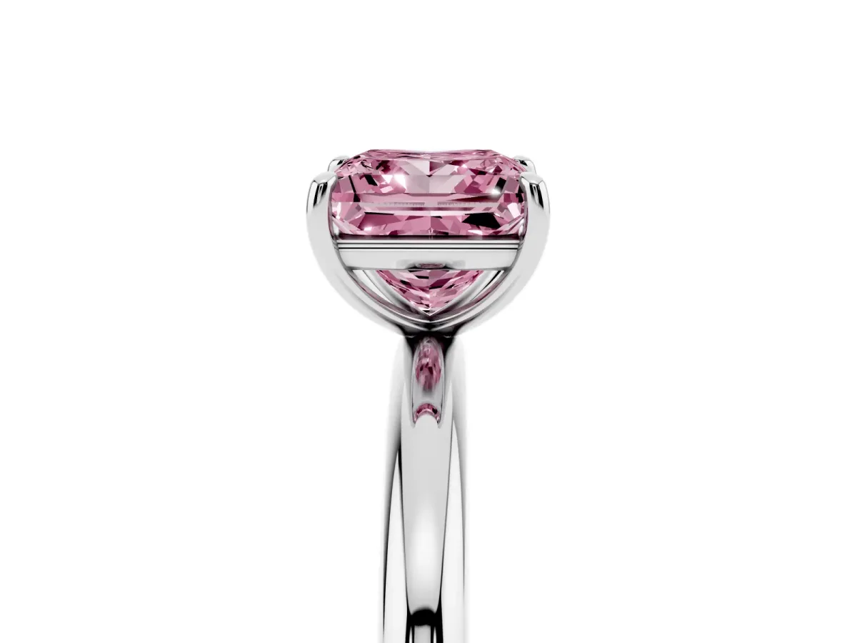 Fancy Pink Princess Cut Solitaire Diamond Ring with Four-Prong Setting on a Plain Band Platinum