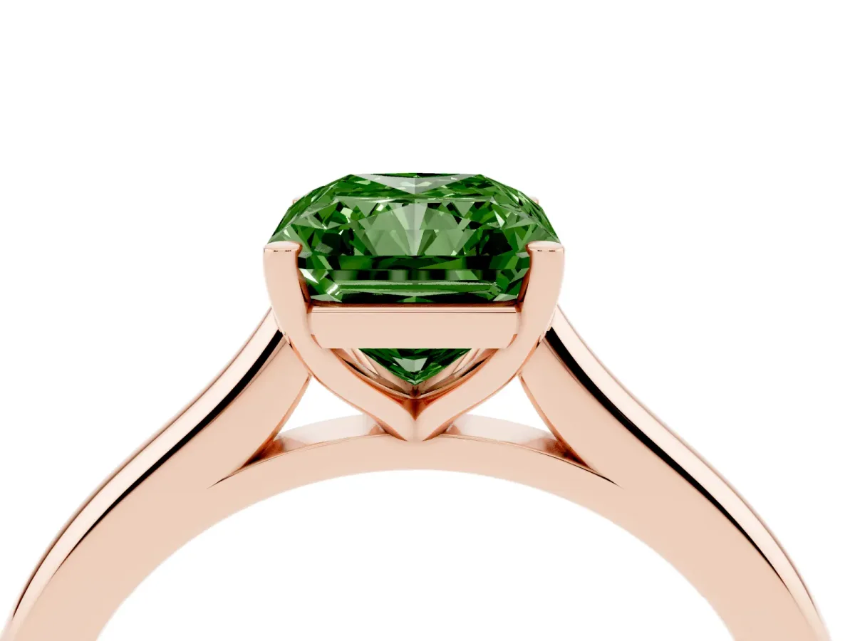 Fancy Green Radiant Cut Cut Solitaire Ring with Cathedral Band and Four-Prong Setting Rose gold
