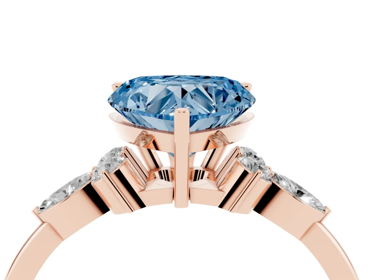 Fancy Blue Heart Cut Brilliant Diamond Solitaire Ring with Pear Side Stones and Four-Prong Setting Rose gold
